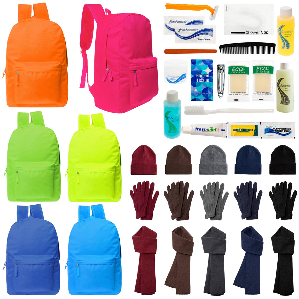 12 Deluxe Bungee 17" Backpacks in 8 Colors, 12 Winter Item Sets & Your Choice of 12 Bulk Hygiene Kits - Wholesale Homeless Care Package