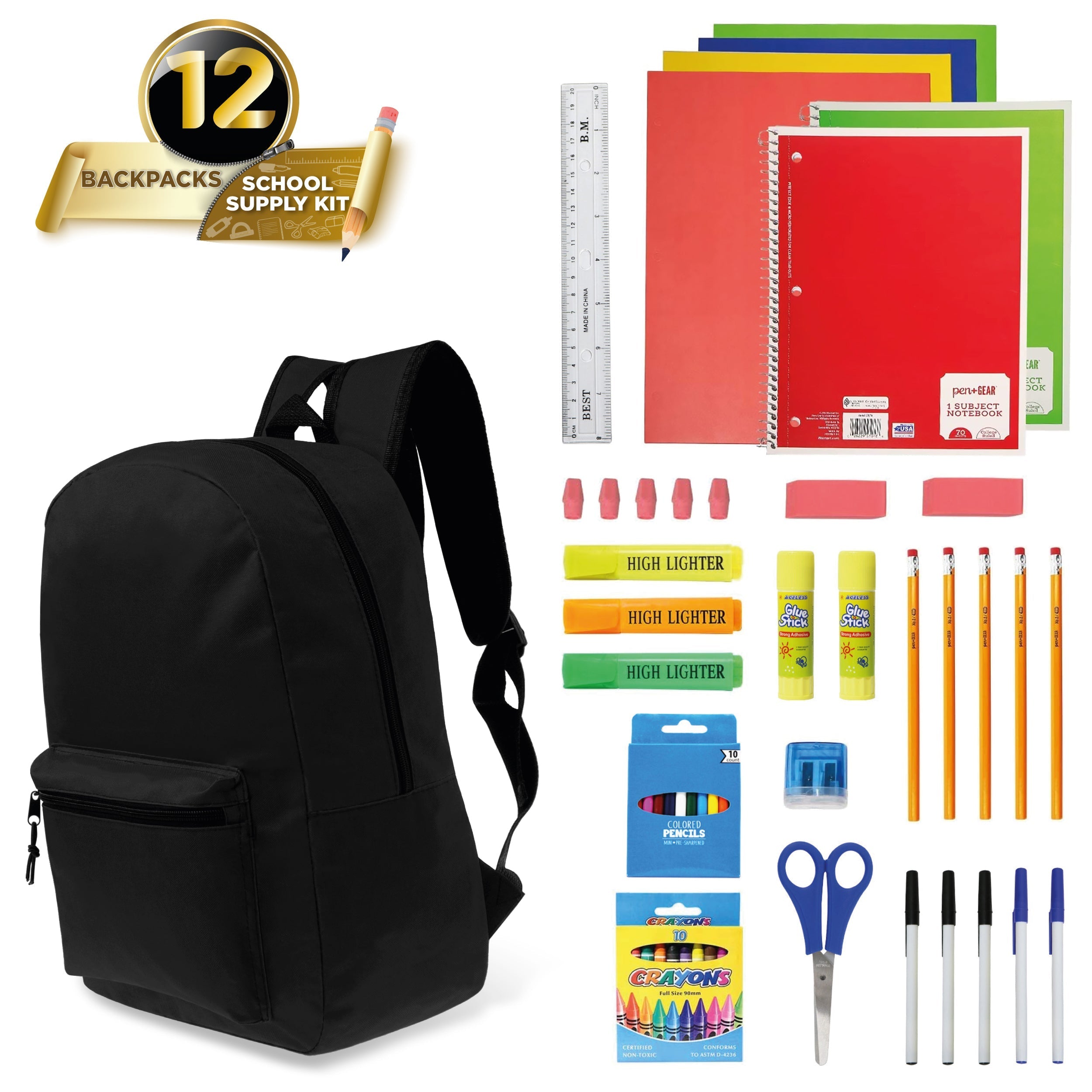 12 Black 17" Basic Kids Wholesale Backpacks and 12 Bulk School Supply Kits of Your Choice