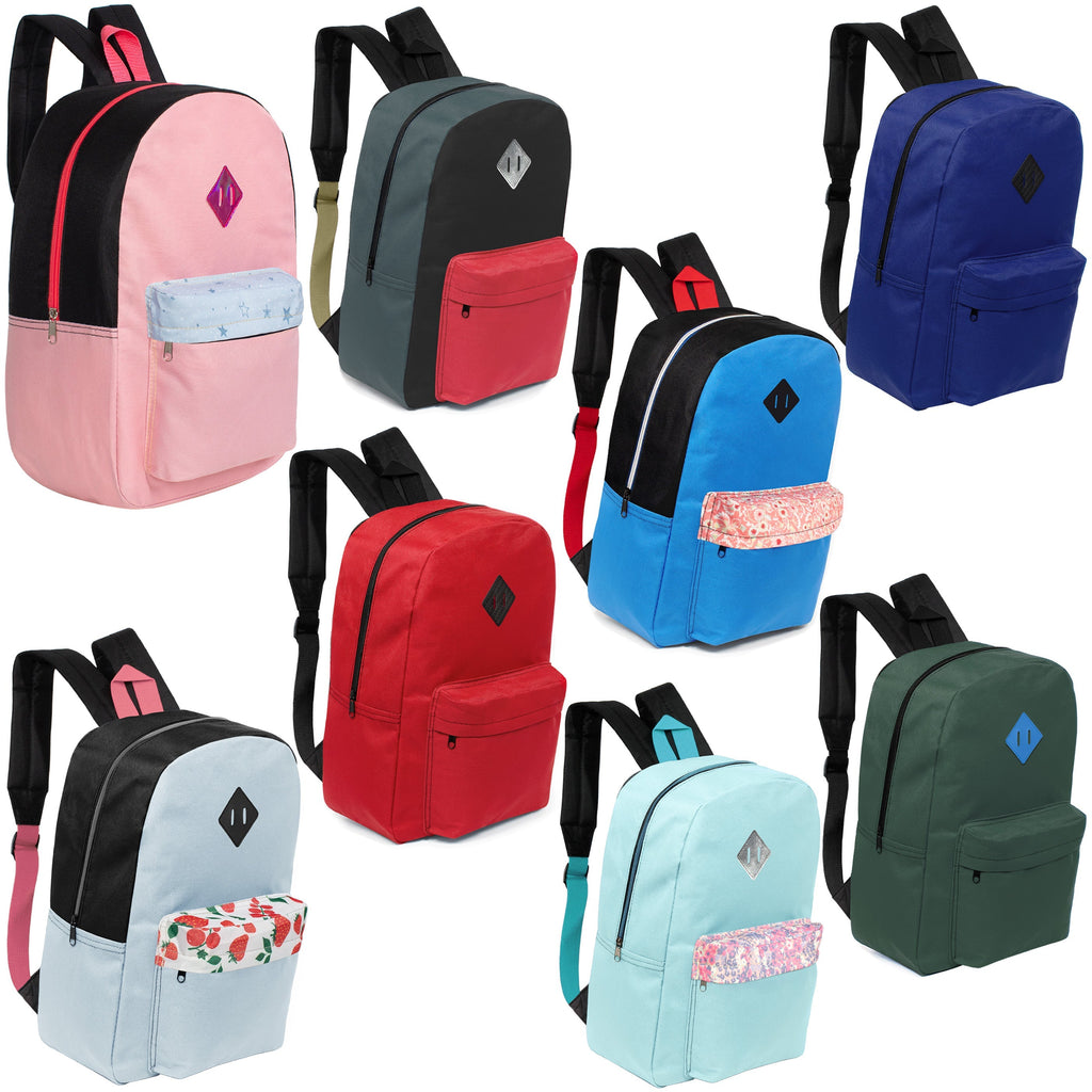 12 Wholesale 17" Padded Backpacks in Random Prints & 12 Bulk School Supply Kits of Your Choice