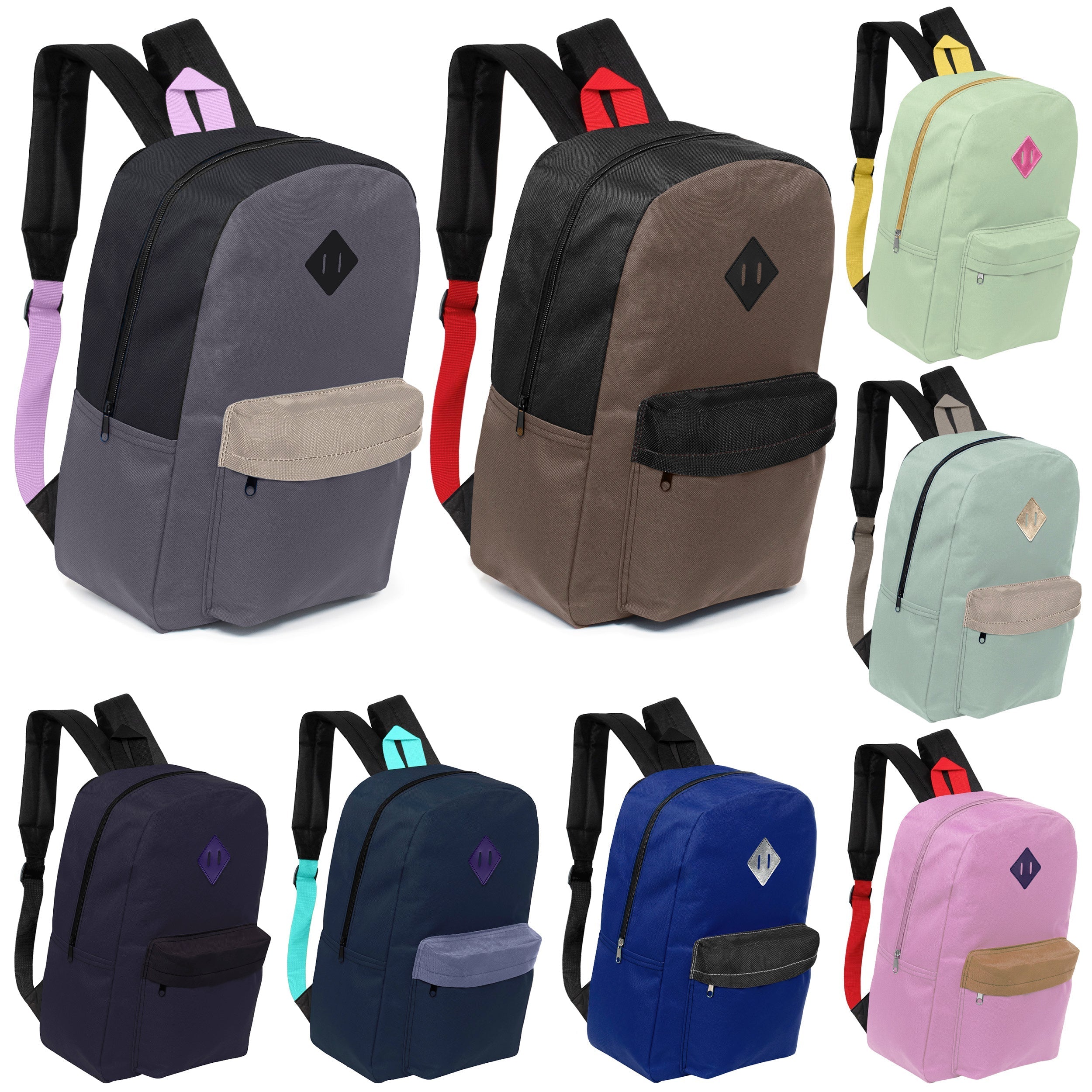 17” Kids Wholesale Backpack in 8 Colors | Padded Back & Diamond Patch – Bulk Case of 24