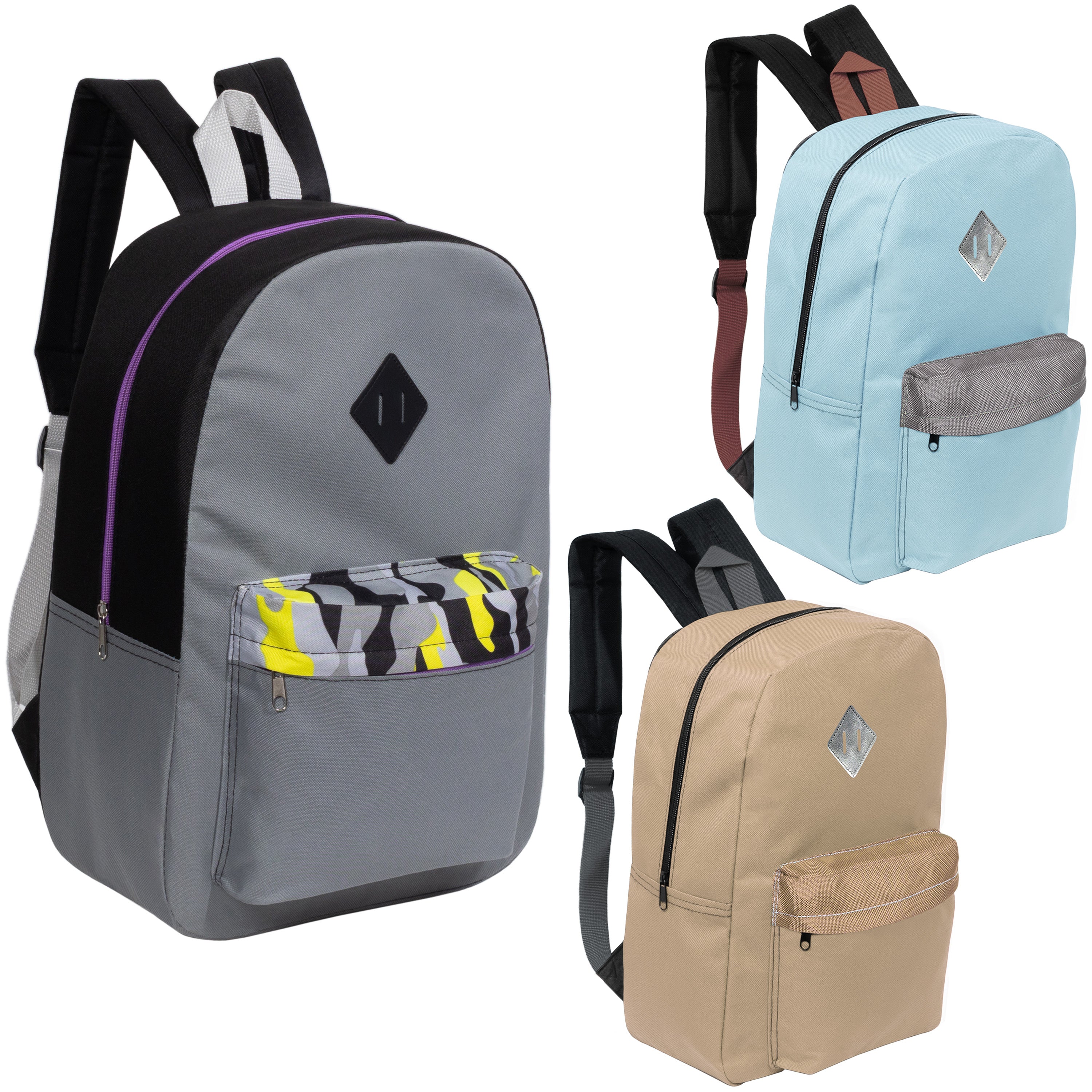 12 Wholesale 17" Padded Backpacks in 3 Random Prints & 12 Bulk School Supply Kits of Your Choice