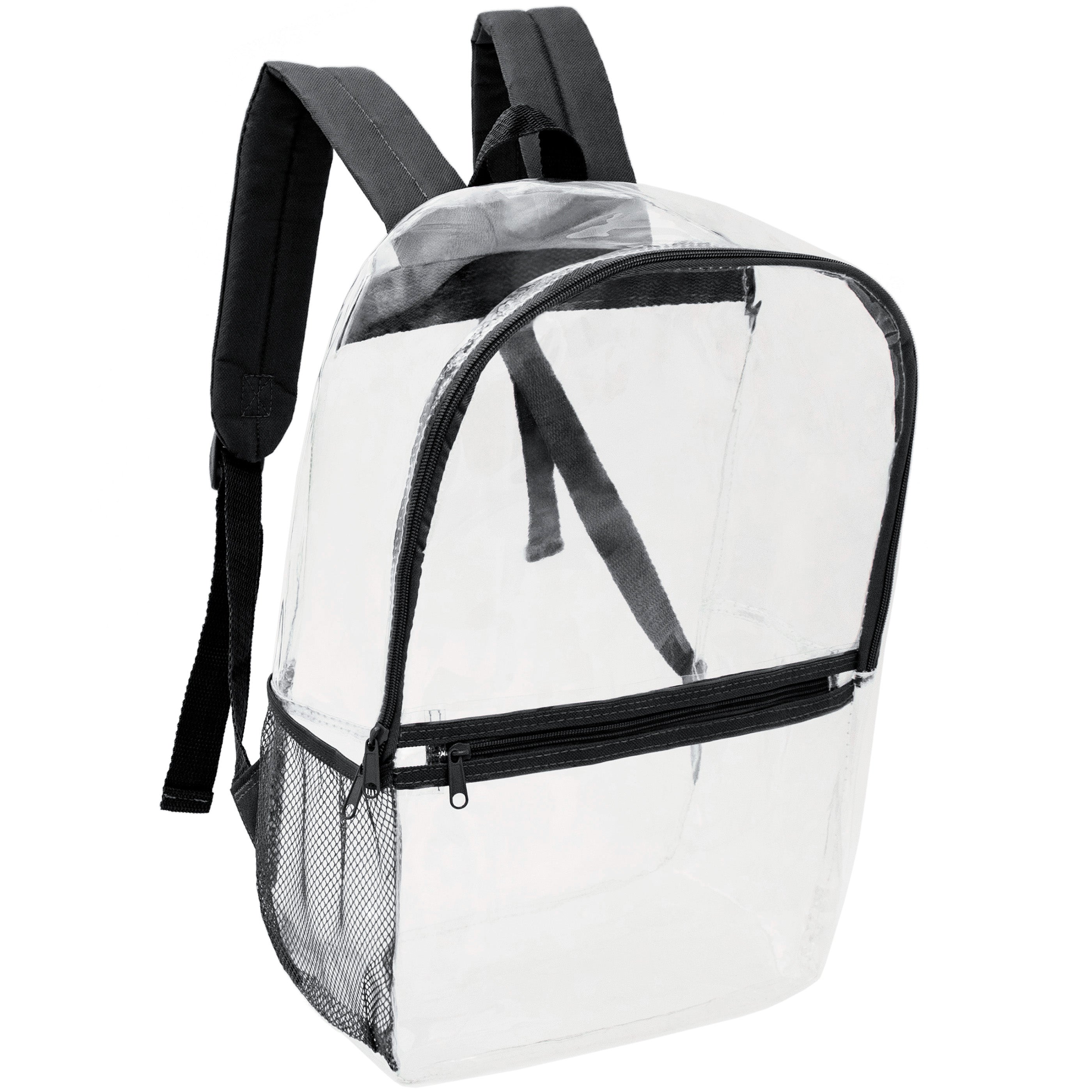 17” Wholesale Clear PVC Backpacks with Black Trim – Bulk Case of 24 Backpacks