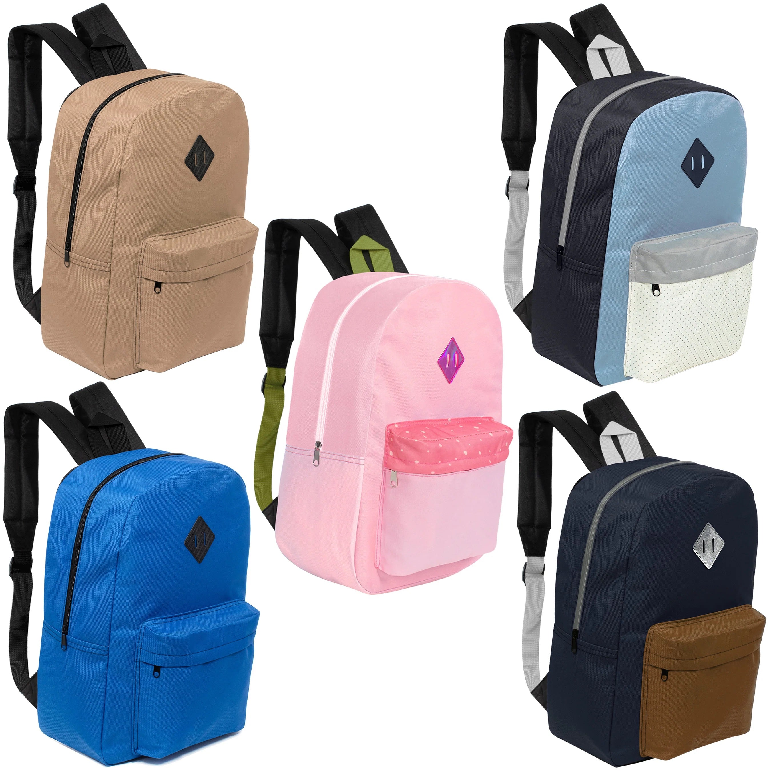 12 Wholesale 17" Padded Backpacks in 5 Prints / Colors & 12 Bulk School Supply Kits of Your Choice