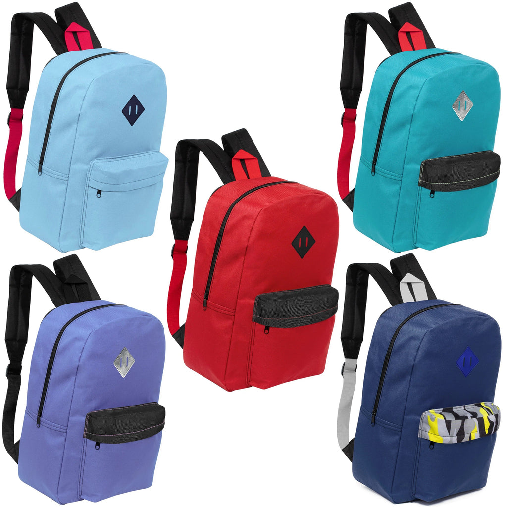 12 Wholesale 17" Padded Backpacks in 5 Random Prints & 12 Bulk School Supply Kits of Your Choice