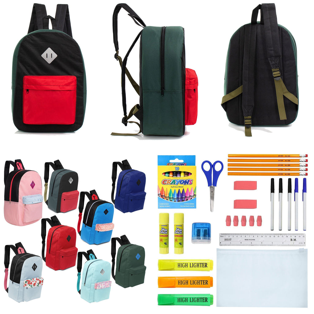 12 Wholesale 17" Padded Backpacks in Random Prints & 12 Bulk School Supply Kits of Your Choice