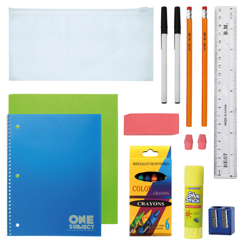12 Wholesale 17" 2-Tone Backpacks in 4 Colors Combos & 12 Bulk School Supply Kits of Your Choice