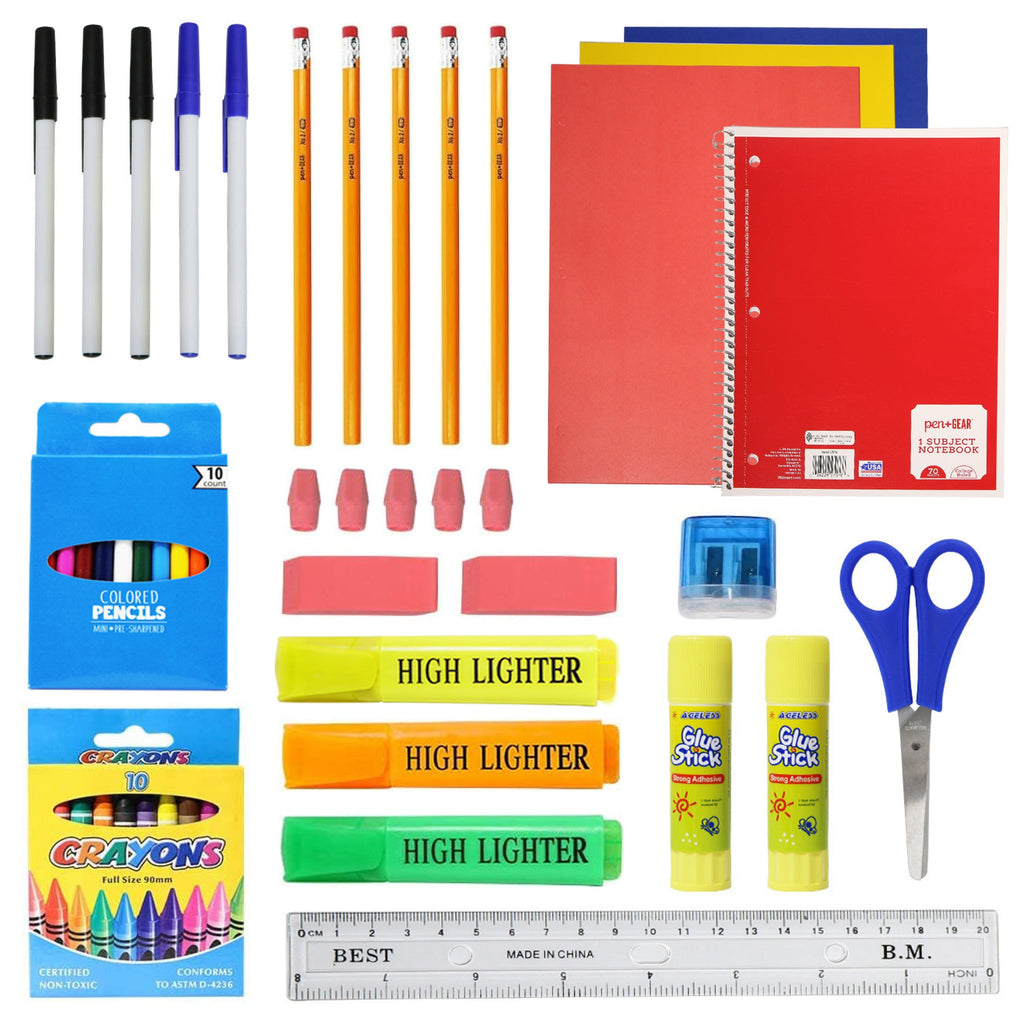 12 Wholesale 17" 2-Tone Backpacks in 4 Colors Combos & 12 Bulk School Supply Kits of Your Choice