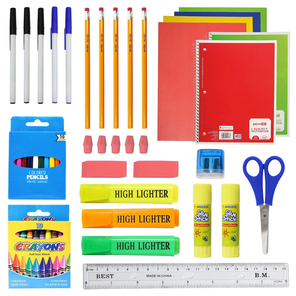 12 Wholesale 17" 2-Tone Backpacks in 4 Colors Combos & 12 Bulk School Supply Kits of Your Choice