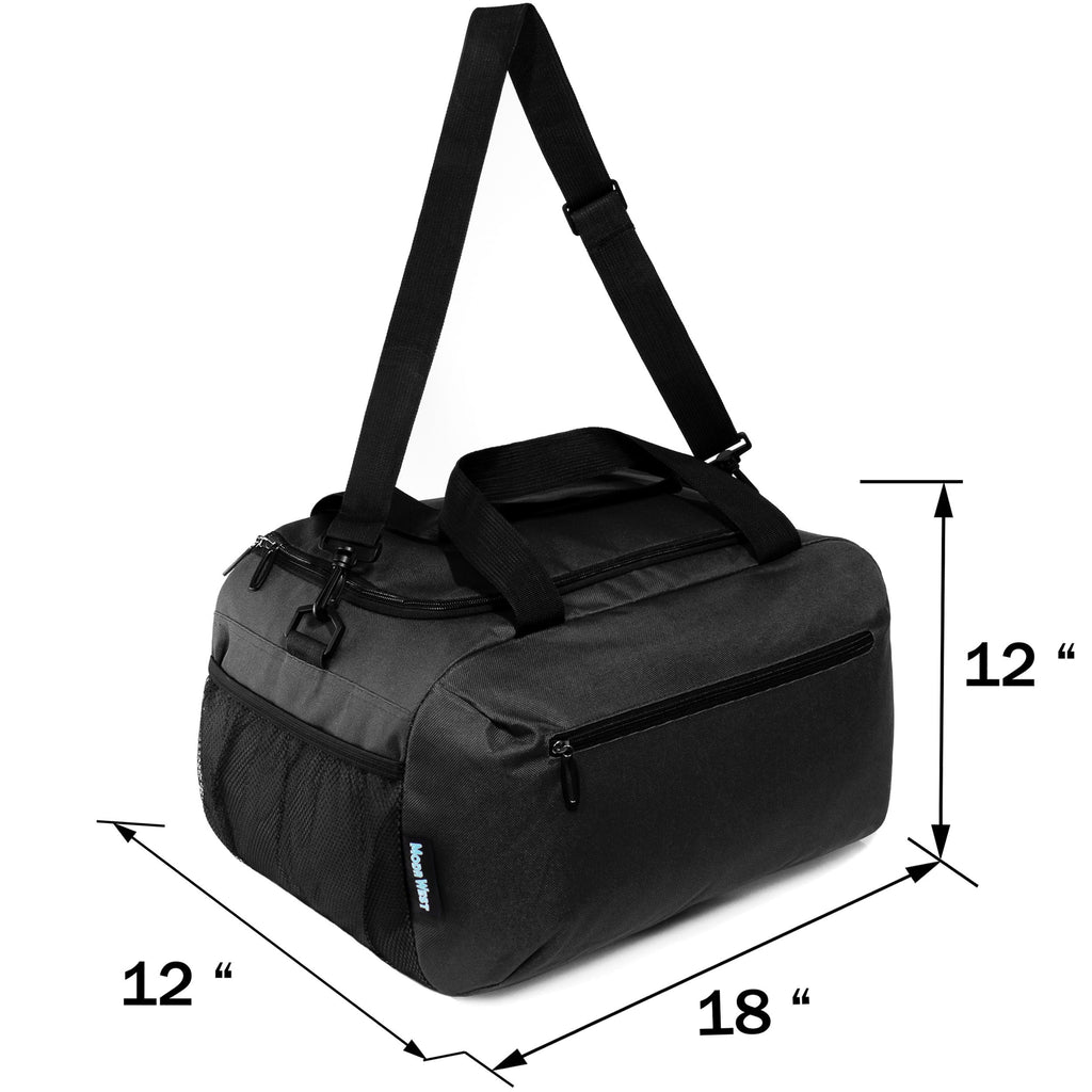 18" Wholesale Duffel Bag in Black with 2 Compartments & Mesh Side Pockets - Bulk Case of 24