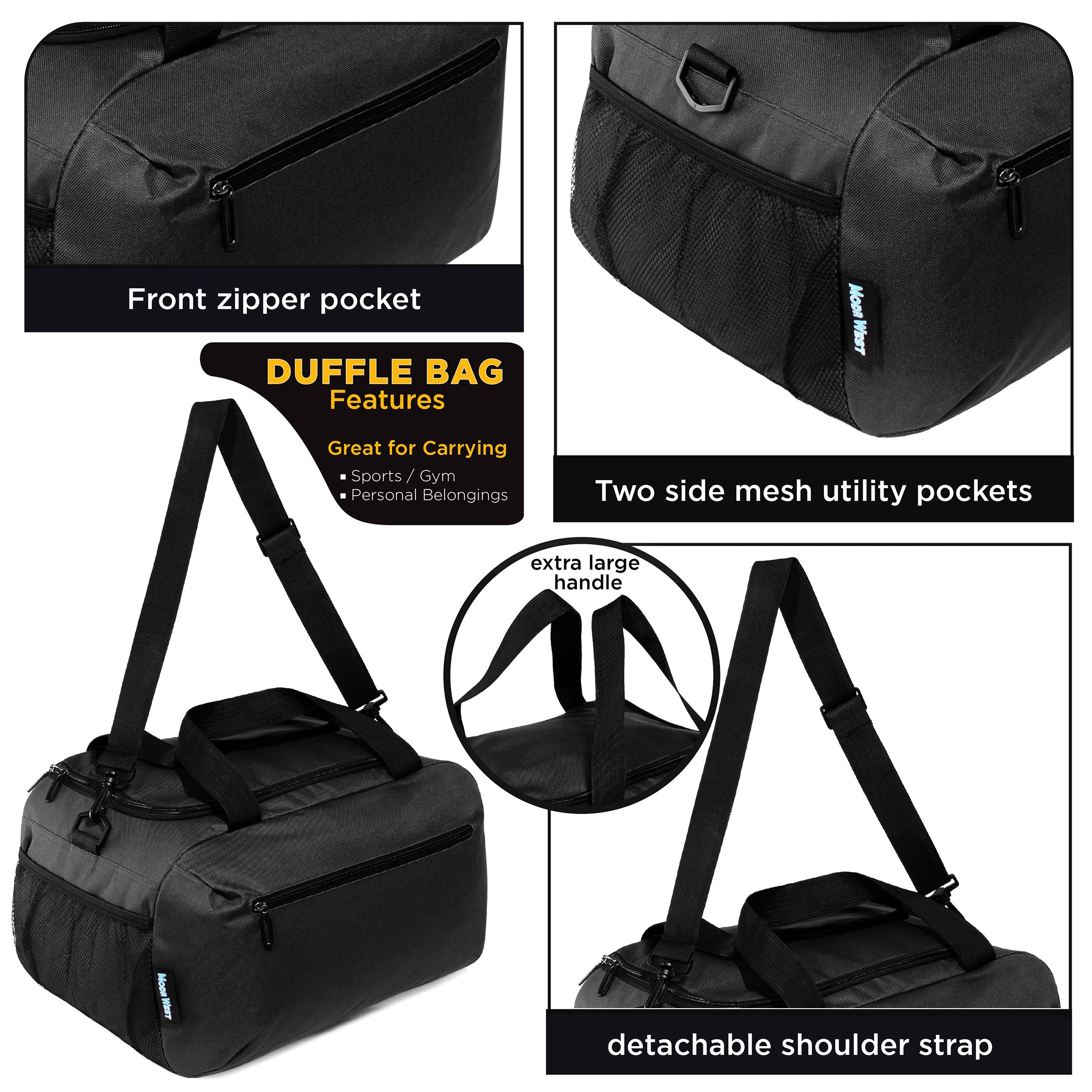18" Wholesale Duffel Bag in Black with 2 Compartments & Mesh Side Pockets - Bulk Case of 24
