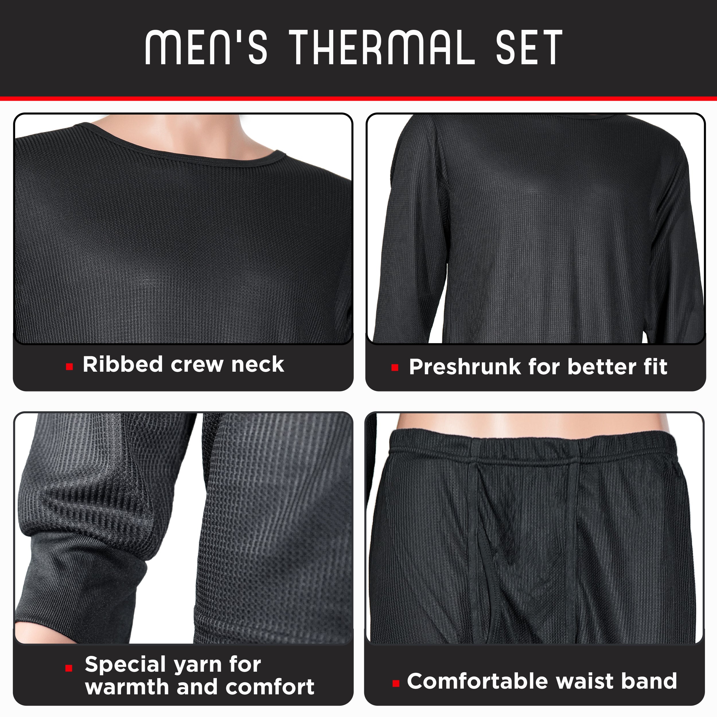 Men's Charcoal Winter Thermal Underwear Set Assorted Sizes - Bulk Case of 24