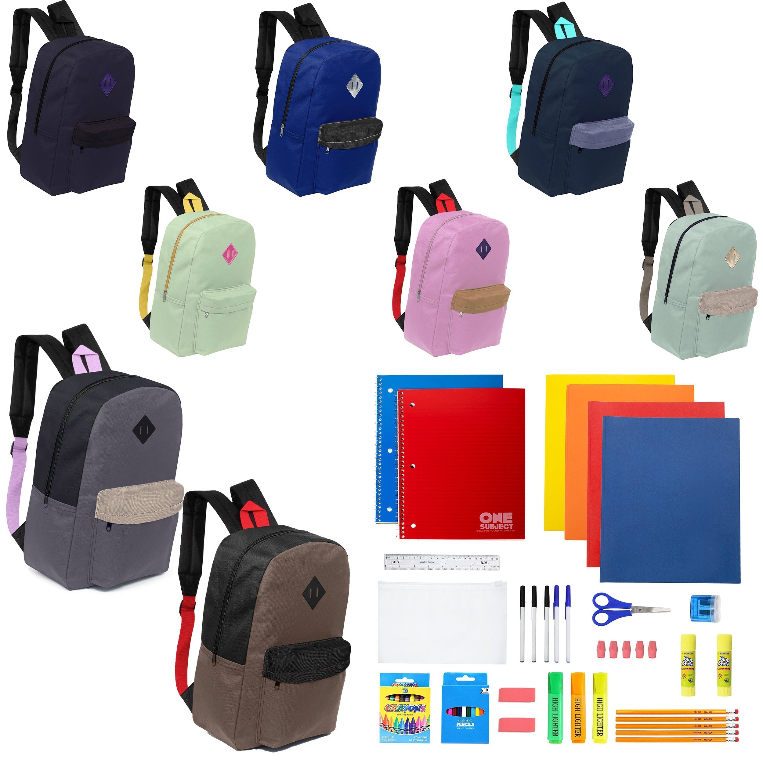 12 Wholesale 17" Padded Backpacks in Assorted Prints & 12 Bulk School Supply Kits of Your Choice