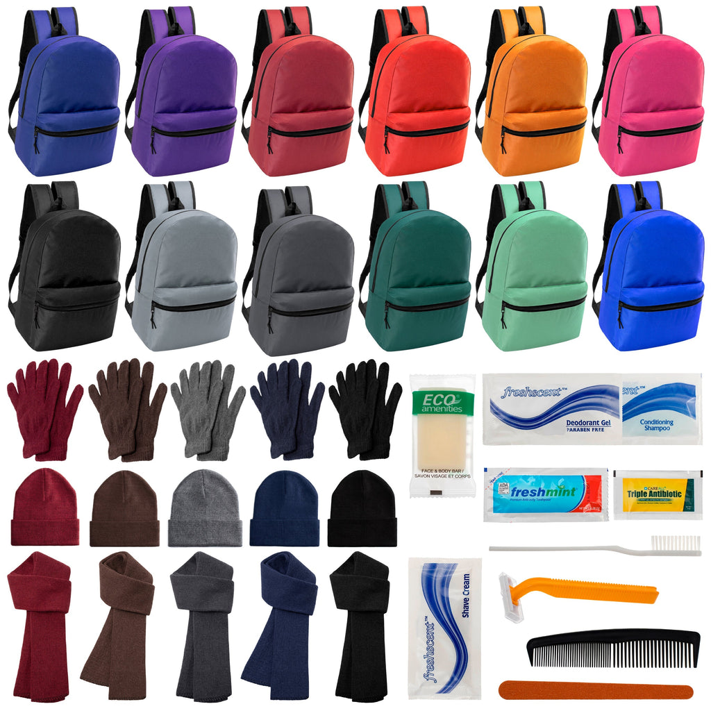 12 Basic 17" Backpacks in 12 Colors, 12 Winter Item Sets & Your Choice of 12 Bulk Hygiene Kits - Wholesale Homeless Care Package