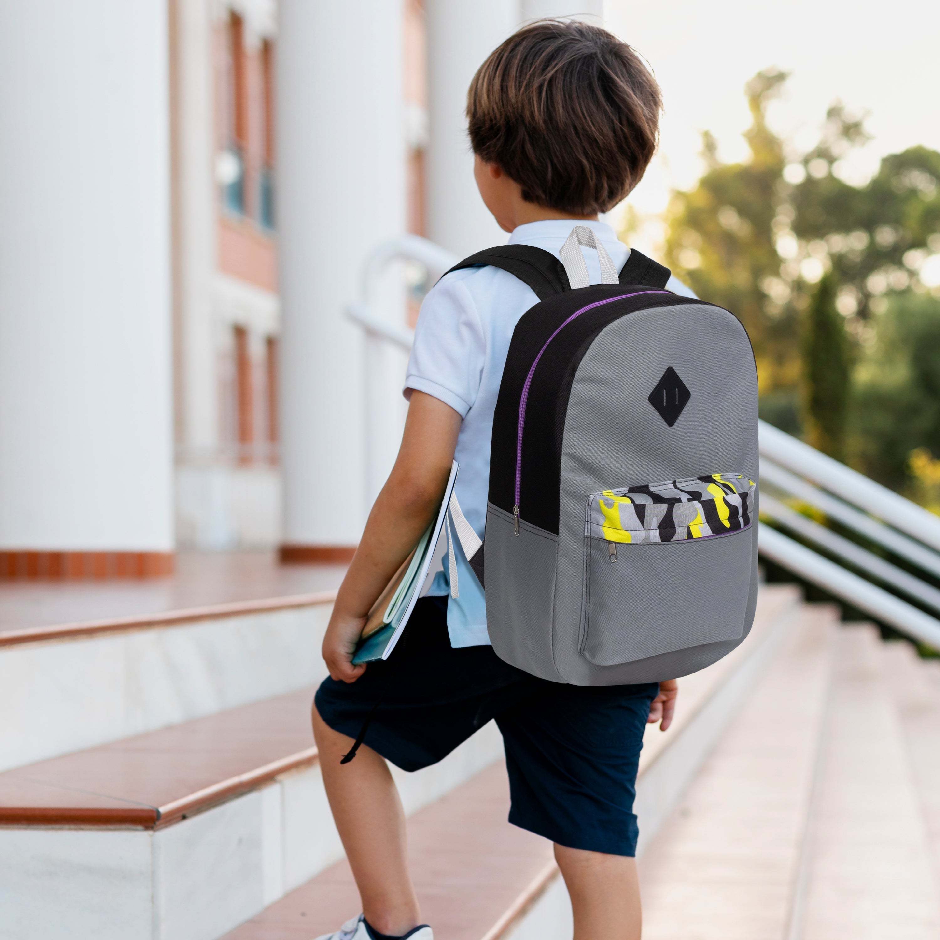 17" Padded Back Kids Wholesale Backpacks with a Diamond Patch in 3 Colors  - Bulk Case of 24