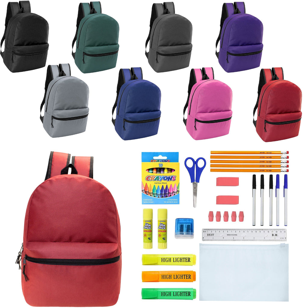 12 Wholesale 17" Basic Wholesale Backpack in 8 Colors & 12 Bulk School Supply Kits of Your Choice
