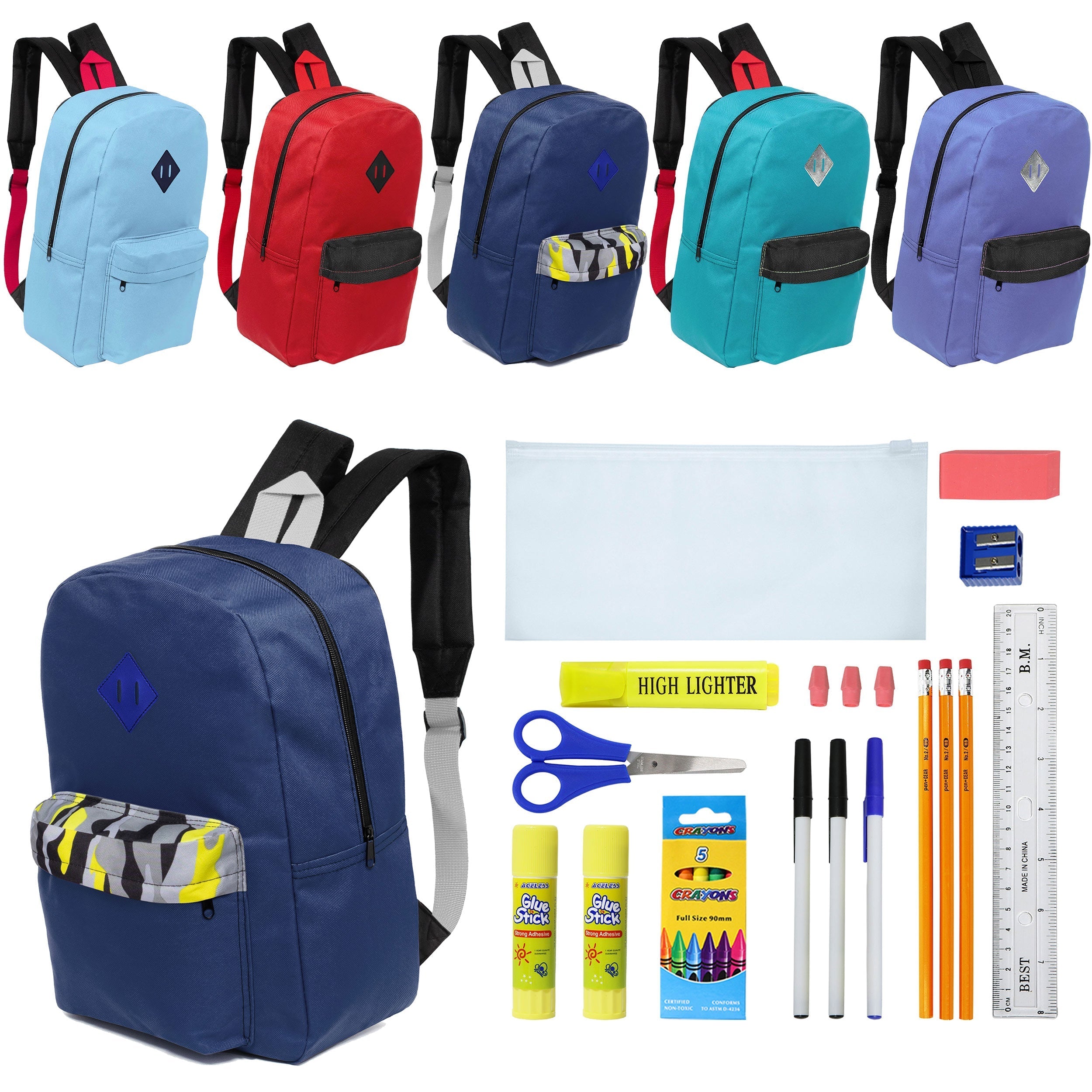 12 Wholesale 17" Padded Backpacks in 5 Random Prints & 12 Bulk School Supply Kits of Your Choice