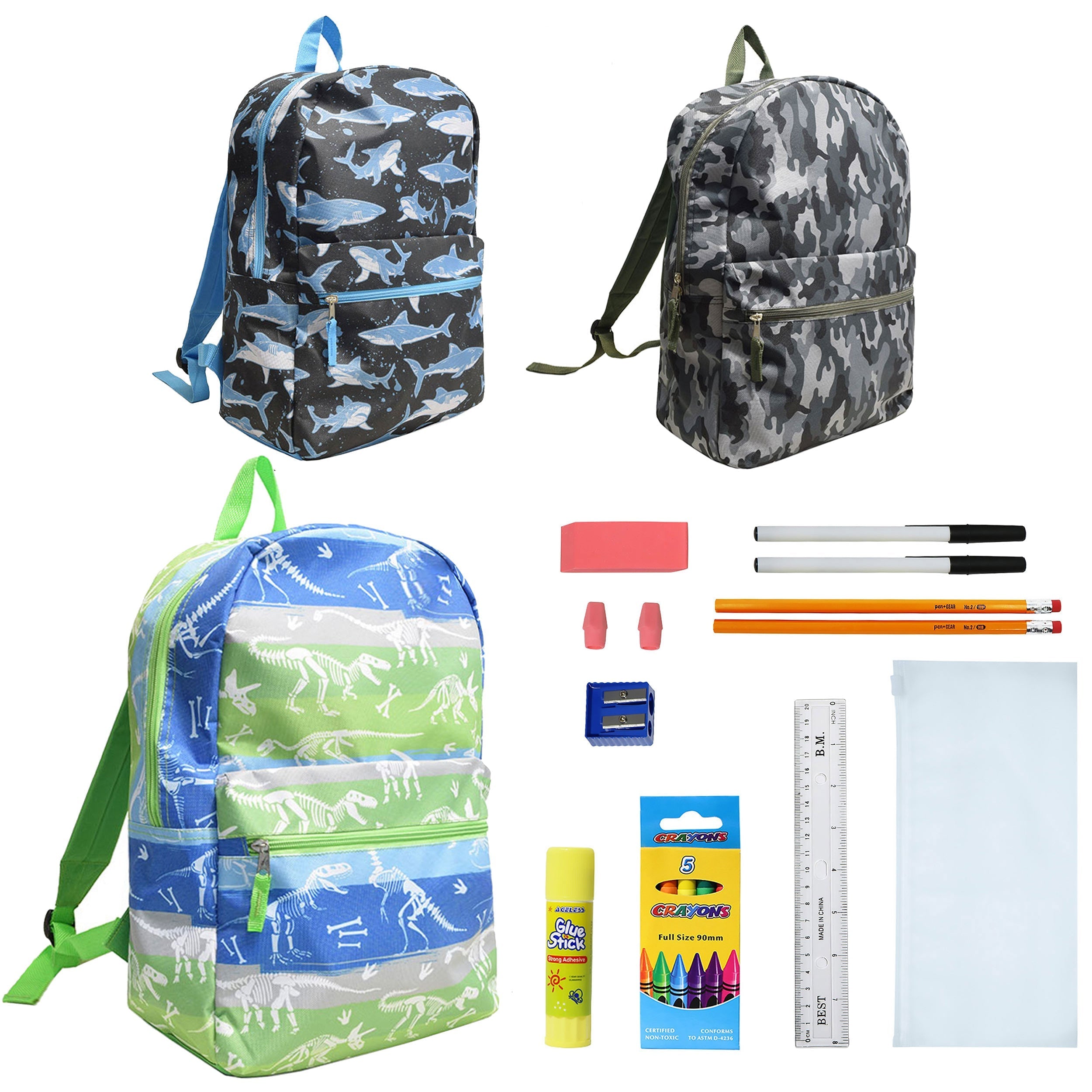 12 Wholesale 17" Character Backpacks for Boys & 12 Bulk School Supply Kits of Your Choice