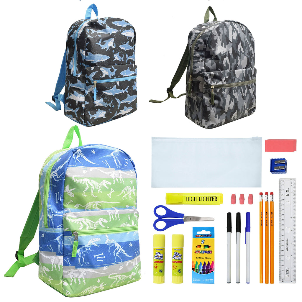 12 Wholesale 17" Character Backpacks for Boys & 12 Bulk School Supply Kits of Your Choice