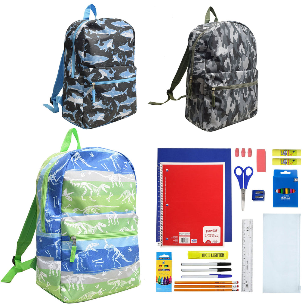 12 Wholesale 17" Character Backpacks for Boys & 12 Bulk School Supply Kits of Your Choice