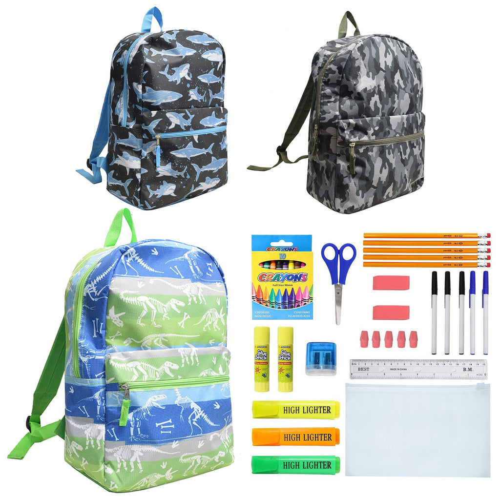 12 Wholesale 17" Character Backpacks for Boys & 12 Bulk School Supply Kits of Your Choice