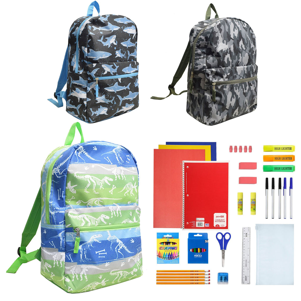 12 Wholesale 17" Character Backpacks for Boys & 12 Bulk School Supply Kits of Your Choice