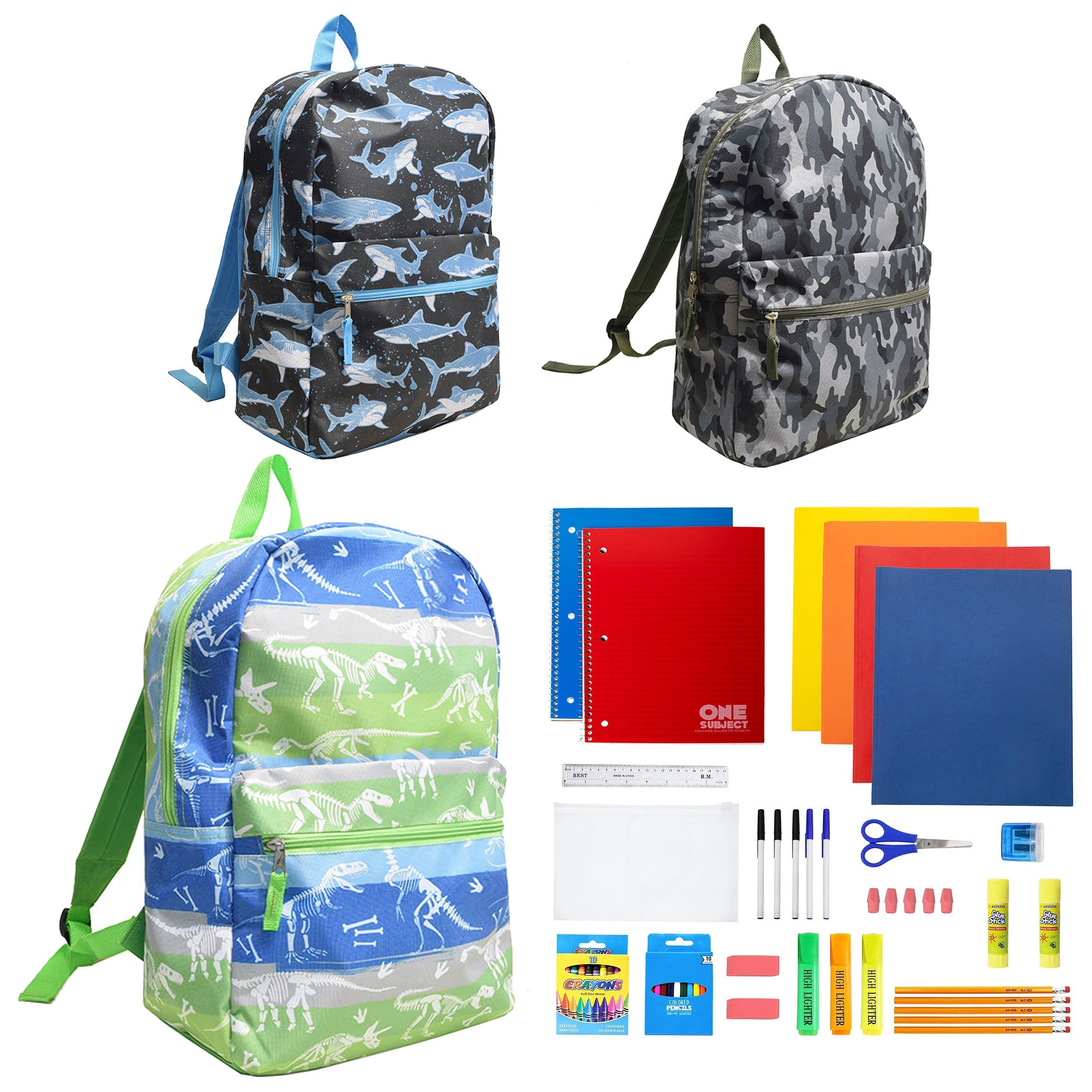 12 Wholesale 17" Character Backpacks for Boys & 12 Bulk School Supply Kits of Your Choice