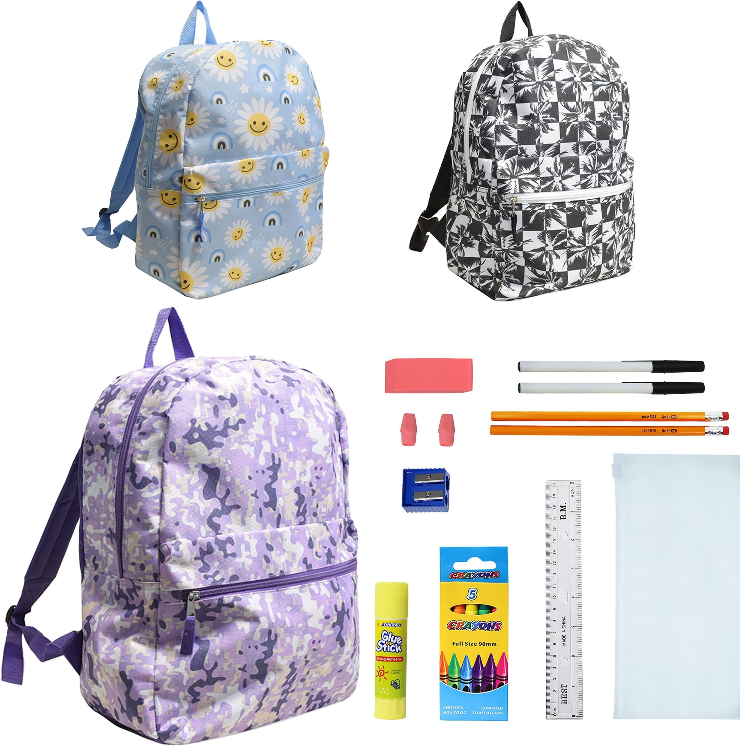 12 Wholesale 17" Character Backpacks for Girls & 12 Bulk School Supply Kits of Your Choice