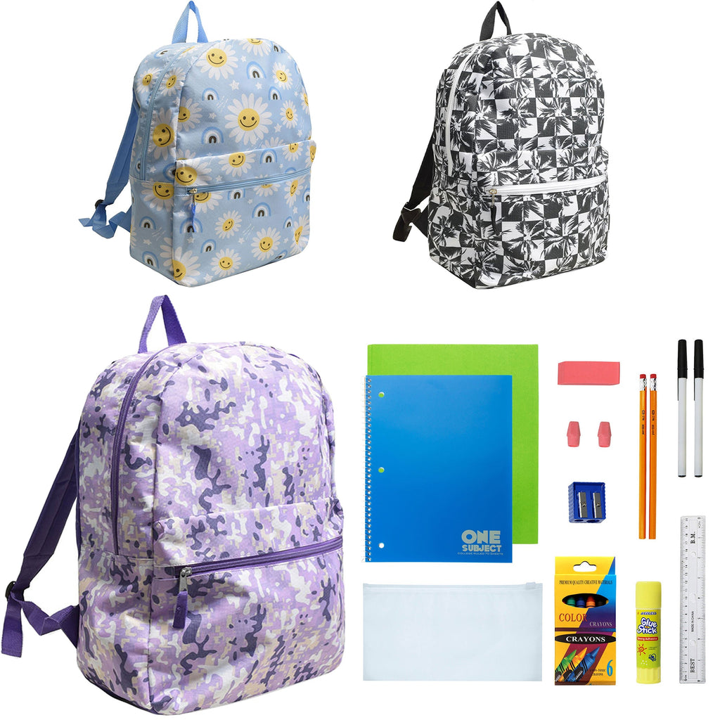 12 Wholesale 17" Character Backpacks for Girls & 12 Bulk School Supply Kits of Your Choice