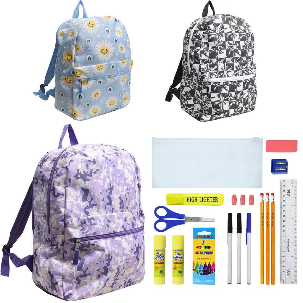 12 Wholesale 17" Character Backpacks for Girls & 12 Bulk School Supply Kits of Your Choice