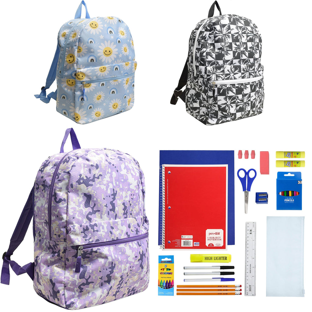 12 Wholesale 17" Character Backpacks for Girls & 12 Bulk School Supply Kits of Your Choice