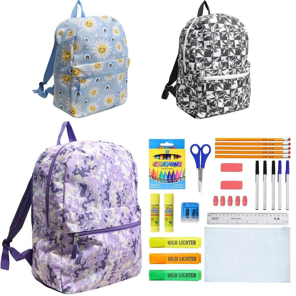 12 Wholesale 17" Character Backpacks for Girls & 12 Bulk School Supply Kits of Your Choice
