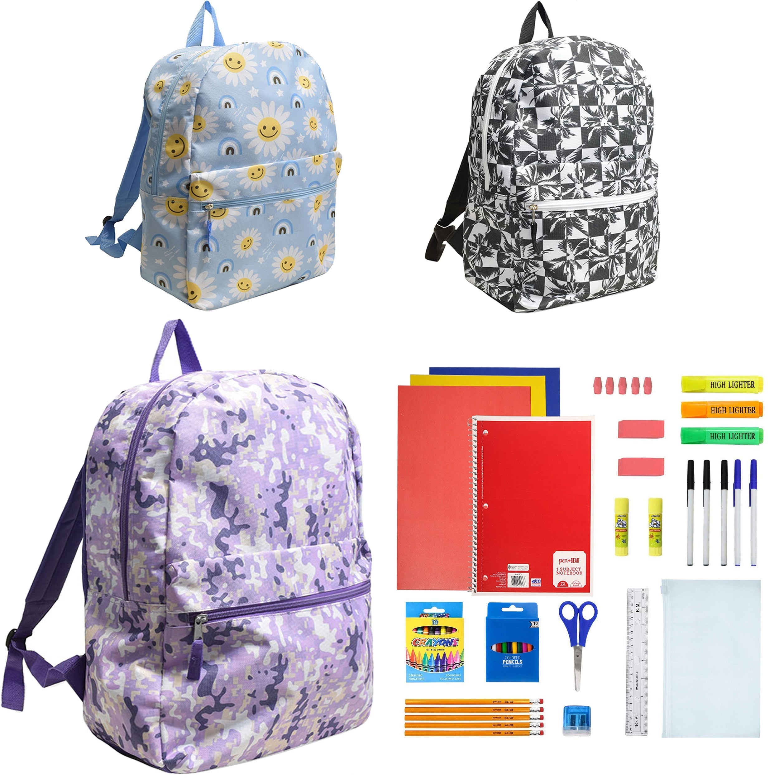 12 Wholesale 17" Character Backpacks for Girls & 12 Bulk School Supply Kits of Your Choice