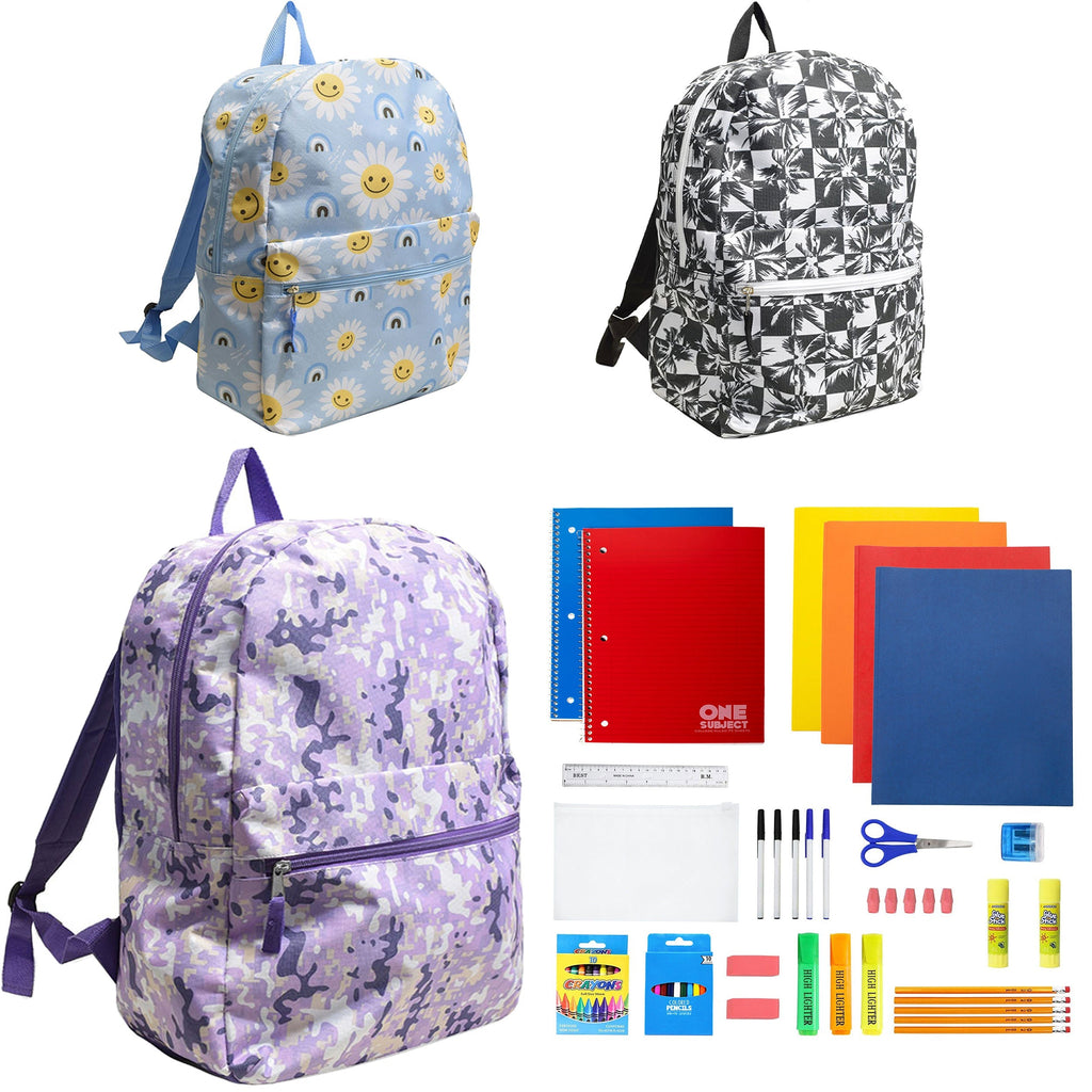 12 Wholesale 17" Character Backpacks for Girls & 12 Bulk School Supply Kits of Your Choice