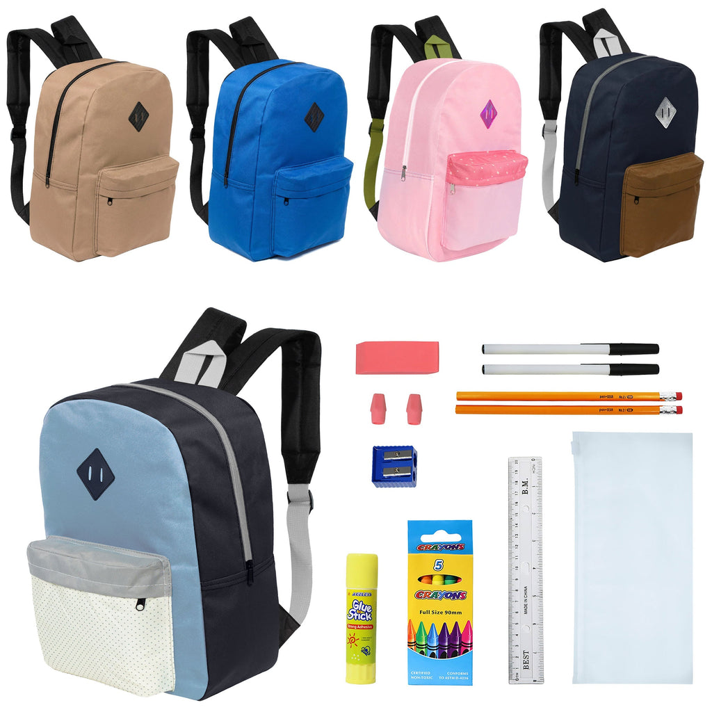 12 Wholesale 17" Padded Backpacks in 5 Prints / Colors & 12 Bulk School Supply Kits of Your Choice